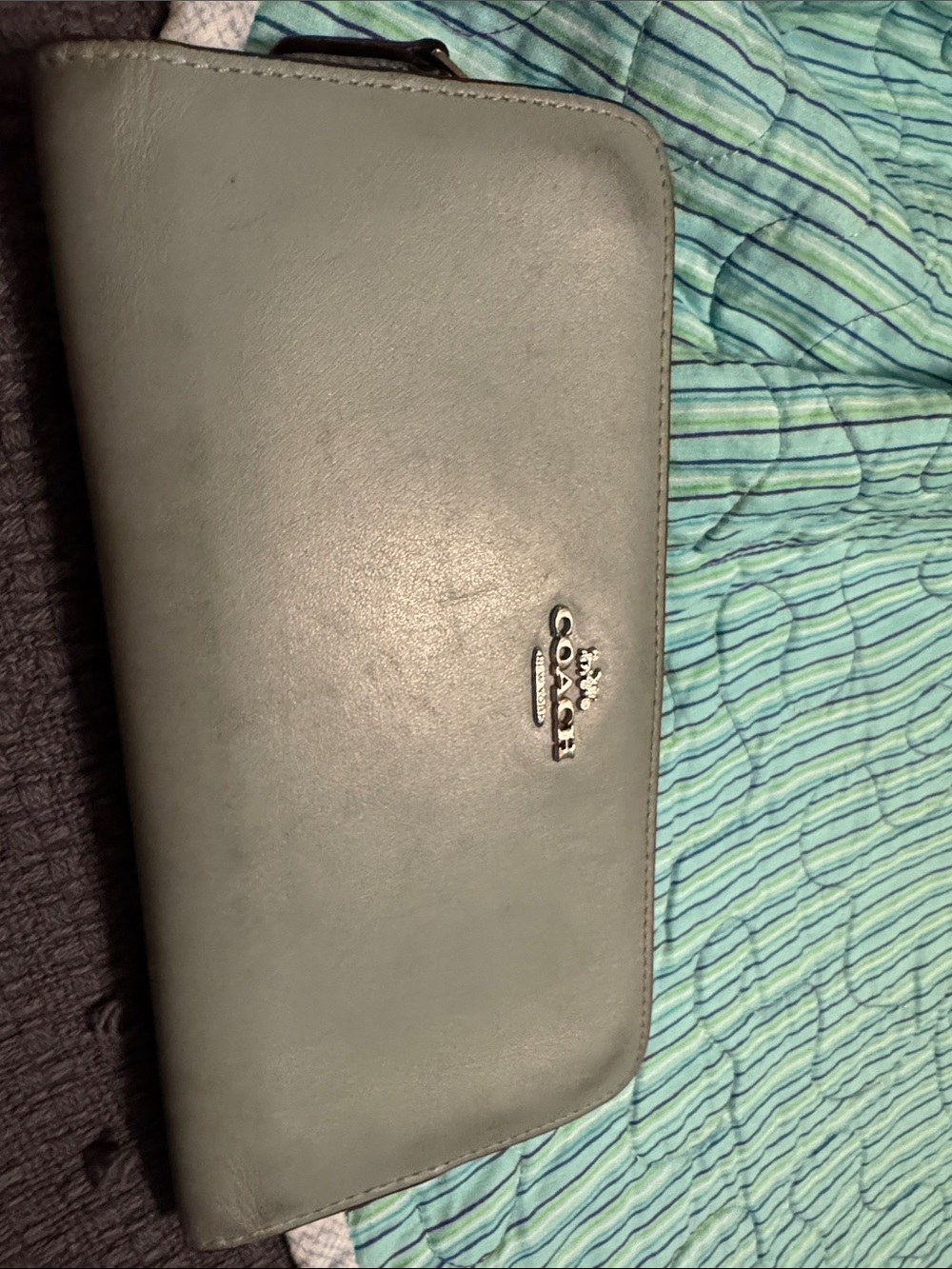 Coach Light Blue Leather Zip Wallet with Silver Logo